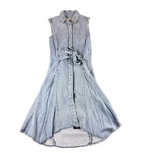 AllSaints Dress Womens XS Blue Denim Sleeveless Button Up Tie Waist Frayed Hem
